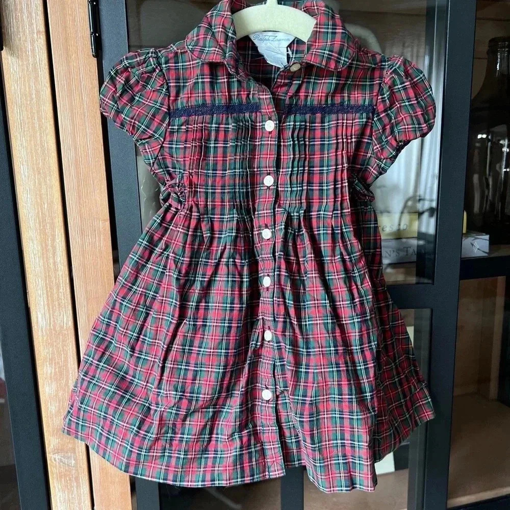 Ralph Lauren baby girl tartan plaid dress bow embroidered short sleeves holidays